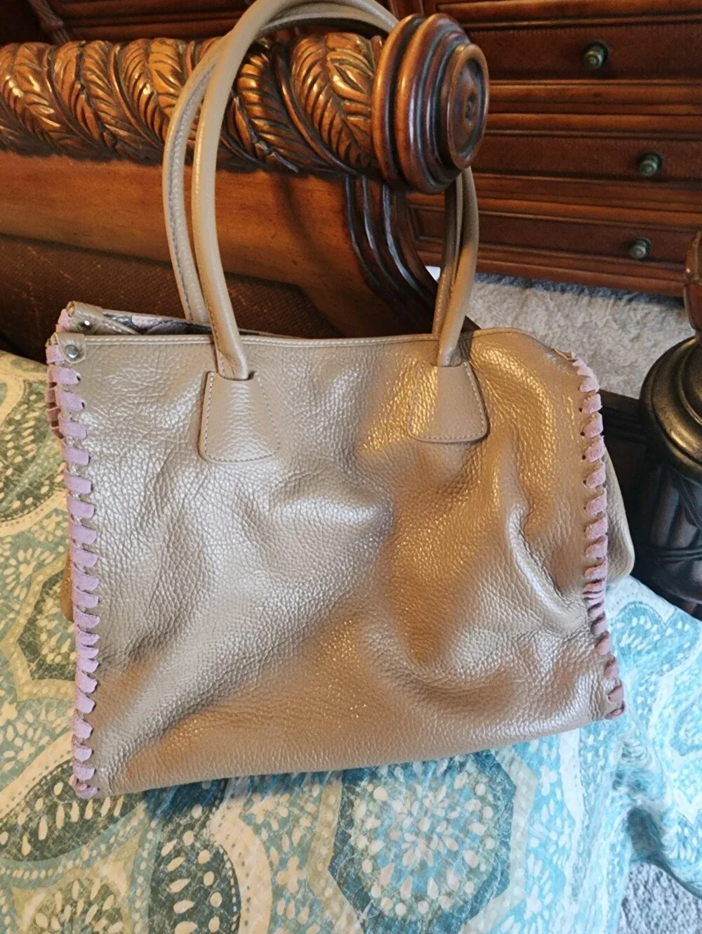 Claudia Firenze Embossed Boho Floral Leather Tote Bag with Tassels - Pink Brown